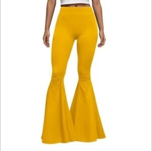 Retro 70s Mustard Yellow Flare Legging High Rise Ruched Knee Bell Bottoms Medium